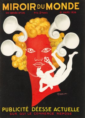 small format original poster, Cappiello, red face with gold hair. Horms coming out of hair, magazine cover, Hermes, Mercury, Greek God, Roman Gold. Black background. Vintage poster, original poster,