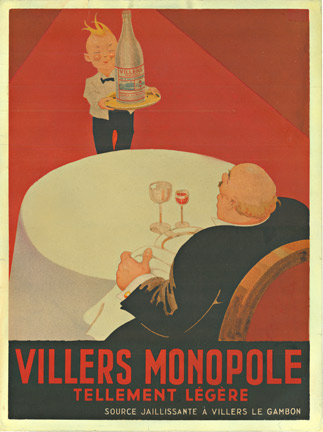 Villers Monopole, Tellement Légère, Rare, Archival Linen, Original, Mineral Water, Boy Waiter, Customer, Red, White, Black