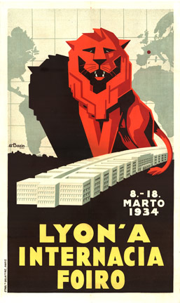 Linen backed International Fair of Lyon, France vintage poster from 1934. Lyon' A Omtermacoa Foiro stone lithograph poster. Linen backed restored fold marks. Printed by Delattre, Paris.