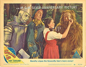 MGM Silver Anniversary Picture, Dorothy, Wizard of Oz, Original Lobby Card, 1949, Offset Lithograph, Judy Garland, Rare original Vintage Poster, Tin Man, Cowardly Lion, Scarecrow, Dorothy Wipes the Cowardly Lion’s Tears Away, In color