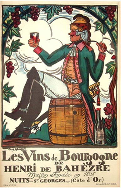 Original French wine poster / man sittinig on a wooden barrel smoking a pipe, drinking wine, vintage original
