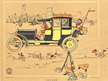A picture of chicago, with a car and two racist images.