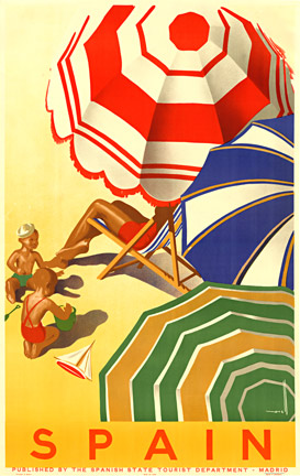 original poster, Spain, morell, travel poster, beach, surf and sand, children, beach chair,