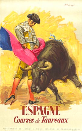 Original, Courses de Taureaux Espagne, lithograph, linen-backed, Spain travel poster featuring a Spanish boy bull fighting. The poster reads, "Espagne Courses de Taureaux". This antique poster is rare and in excellent condition. Ready to frame. <br> <br>