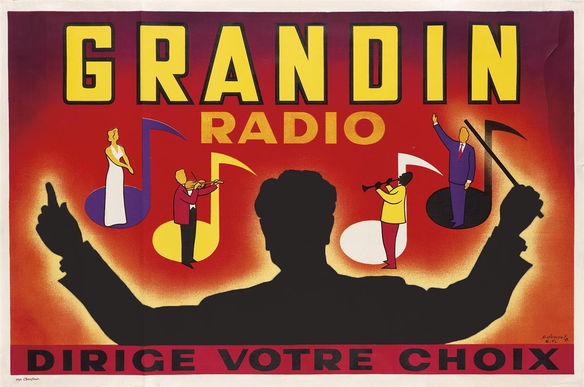 Original horizontal Grandin Radio dirige votre choix vintage lithograph poster. Designed by P. Dumont and printed by Caufour. Archival linen backed and ready to frame. Printer Chaufour (Paris, France). <br> <br>The silhouetted conductor in the foreg