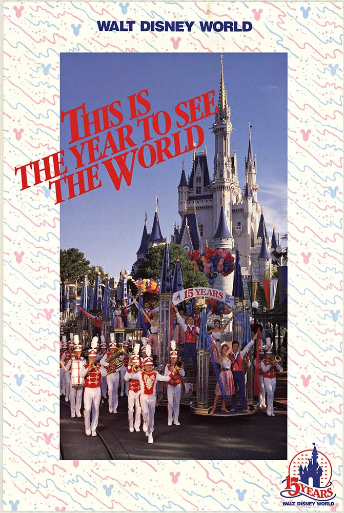 Original 1986, Walt Disney World; "THIS IS THE YEAR TO SEE THE WORLD" poster. This poster is not linen backed. It does have pin holes in the corners and a some tape residue on the backside of the poster. Otherwise the poster presents itself in exce