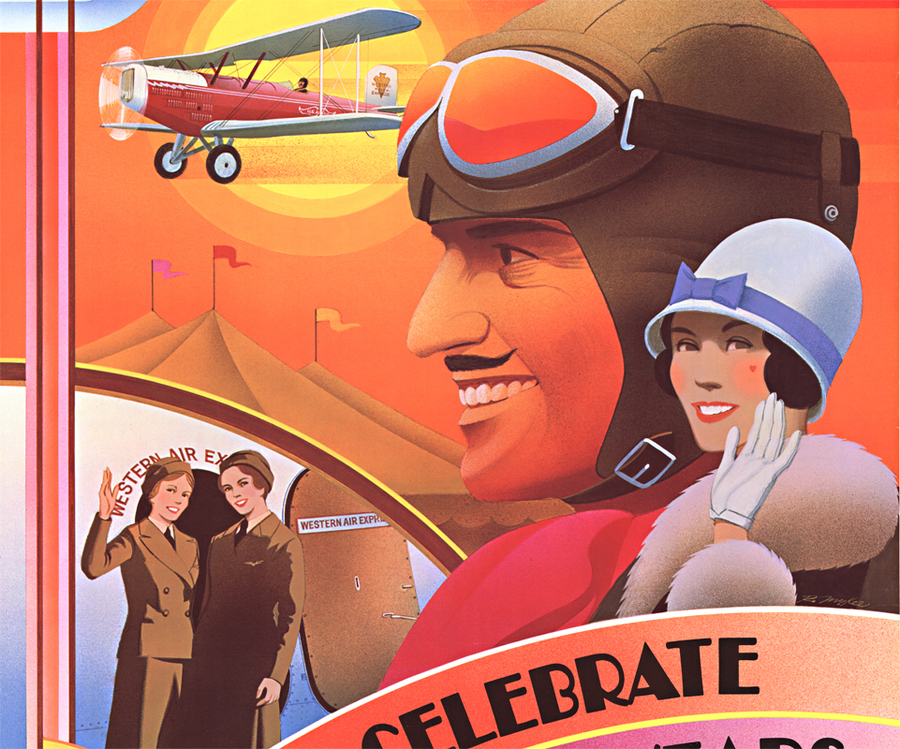 airplane, pilot, art deco women, stewardess, linen backed, Western Airlines, original poster, fine condition.