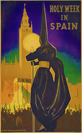 priest in back Easter clothing, church, Holy week, Spain, linen backed, original poster, fine condition