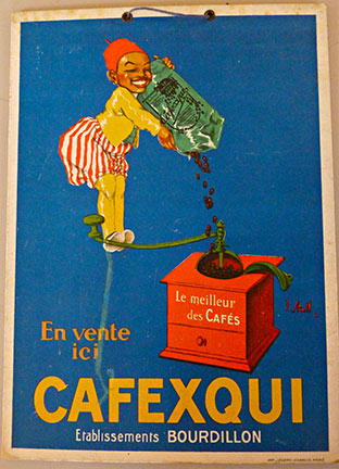 J. Joseph Stall, Stone Lithograph, 1920s, CAFEXQUI, france, coffee, En vente ici, Etablissements BOURDILLON, Red coffee grinder, Genie pouring coffee in grinder