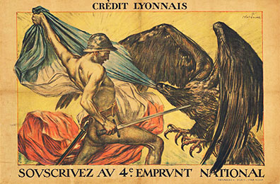 Original, linen-backed, World War 1, French propoganda poster. This poster features a French male pulling the French flag away from an Imperial Eagle.