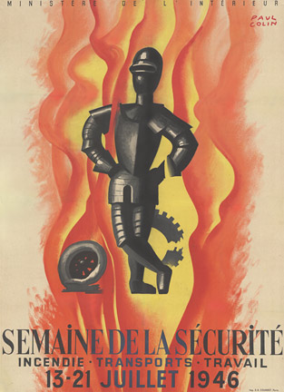 A suit of metal armour is surrounding by flamees. Linen backed original French poster.