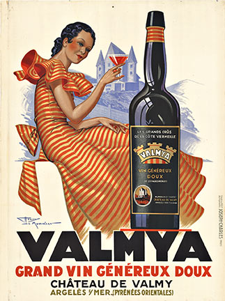 woman sitting holding a martini glass, castle in background. Large bottle of liquor in foreground. Original poster, linen backed, very good condition.