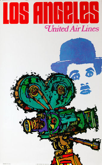 Charlie Chaplin, movie camera, United Airlines original travel poster, linen backed, clean and fine condition.