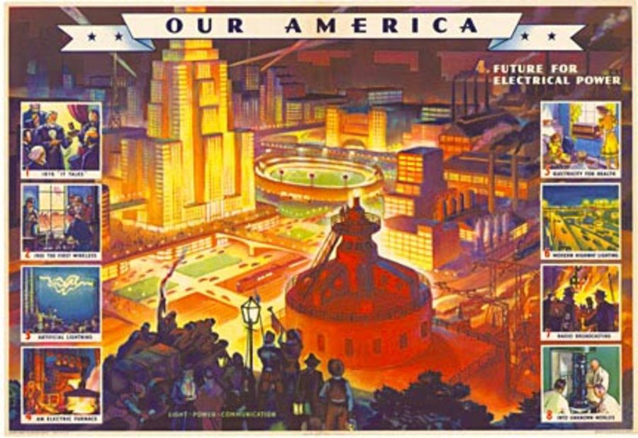 Original horizontal format Our America Electricity #4. "future for electrical power. In the foreground in the design are settlers with lanterns looking into the new electric city with amazement. This poster is not linen backed; but backiing is avail