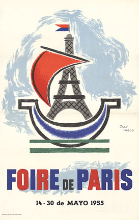 Original linen backed Foire de Paris (Paris Fair) that was during 14 - 30 May, 1955. This image was also used in 1956 for the Paris Fair design as well. Excellent condition.