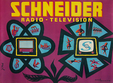 horizontal poster, showing a television with what you would see on the tv, a readio with what you might hear if you had a radio. Mid century modern design. Horizontal