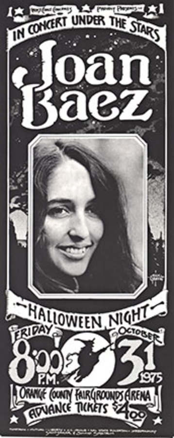 Original: Joan Baez - Orange County, CA. Artist: Rick Griffin. Size: 9.75" x 23 1/8". Black and White original concert poster. Mint condition. <br> <br>Original Rock Poster created by the famous Rick Griffin. West Coast Concerts proudly present