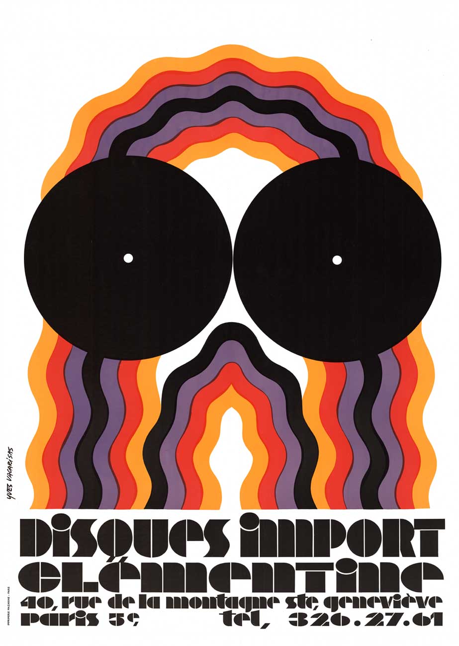 Original linen backed "DISQUES IMPORT CLEMENTINE". Excellent condition. The image with the psychedelic look of the two records that create the eyes and the rest of the image and hair is crated with wavy lines. The image was in the magazine "Extra