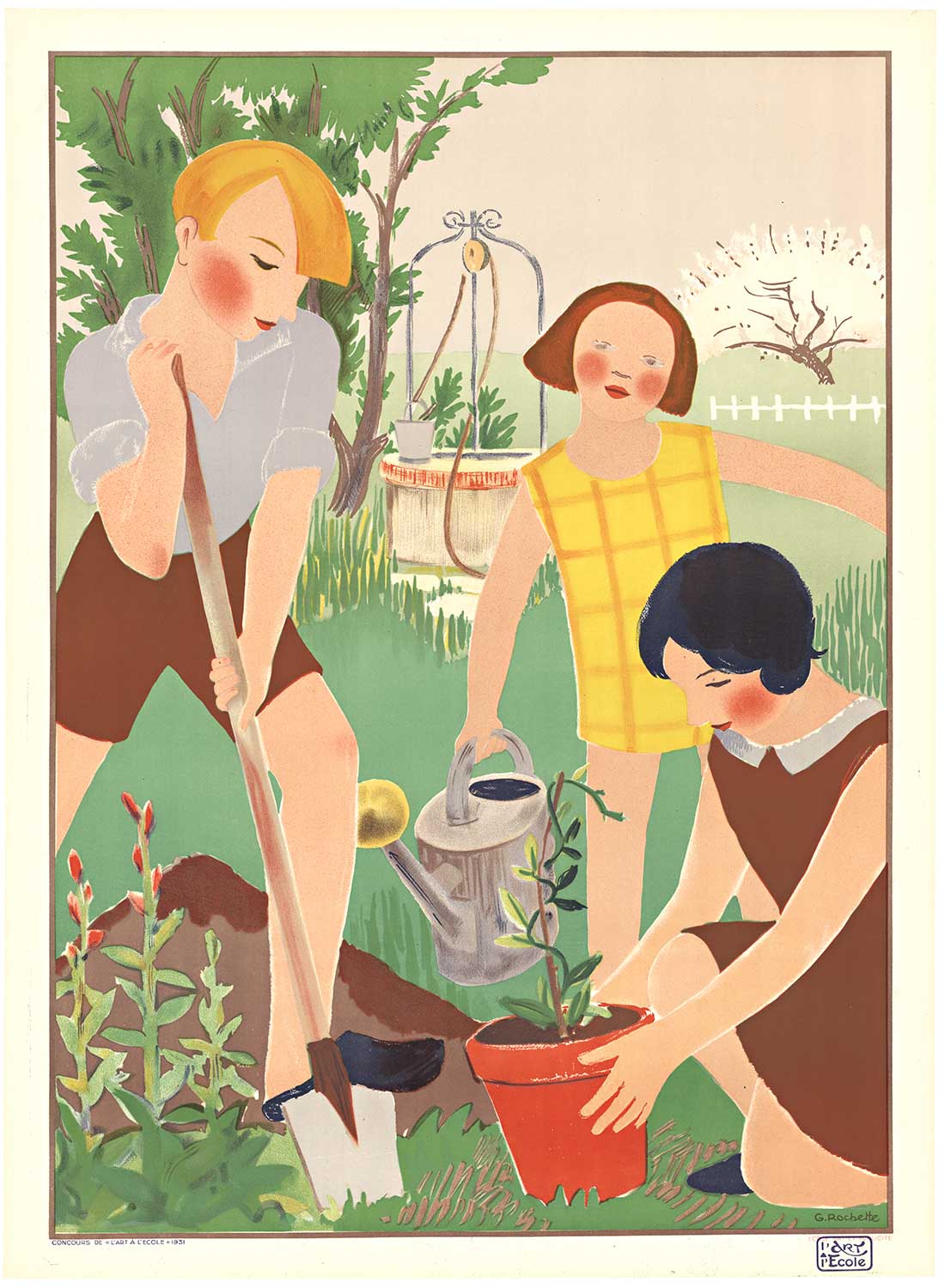 Linen backed original 1931 stone lithograph of 3 children planting flowers in a garden. Produced for Ecole Art et Publicite. Excellent condition stone lithograph.