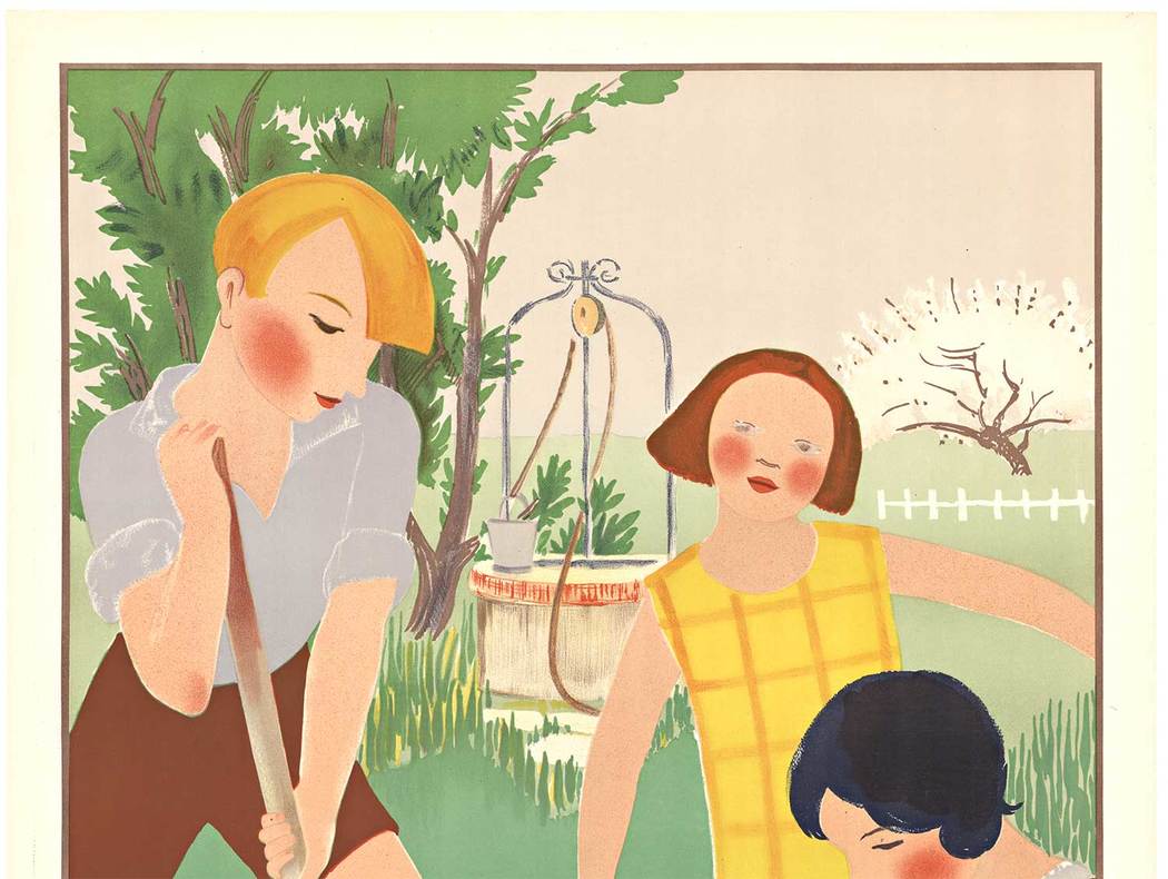 Linen backed original 1931 stone lithograph of 3 children planting flowers in a garden. Produced for Ecole Art et Publicite. Excellent condition stone lithograph.