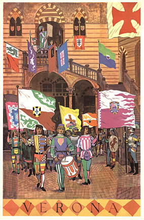 Original vintage travel poster to Verona, Italy archival linen backed and ready to frame. The image in the ancient part of Verona with medieval times costumes and flags showing the various cantons of Italy in a royal courtyard type setting.