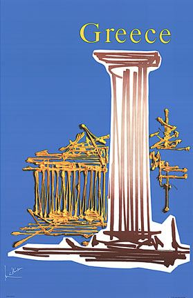 abstract image of Greece, pilar, Parthenon, linen backed, fine condition original travel poster, Greek poster, Air France