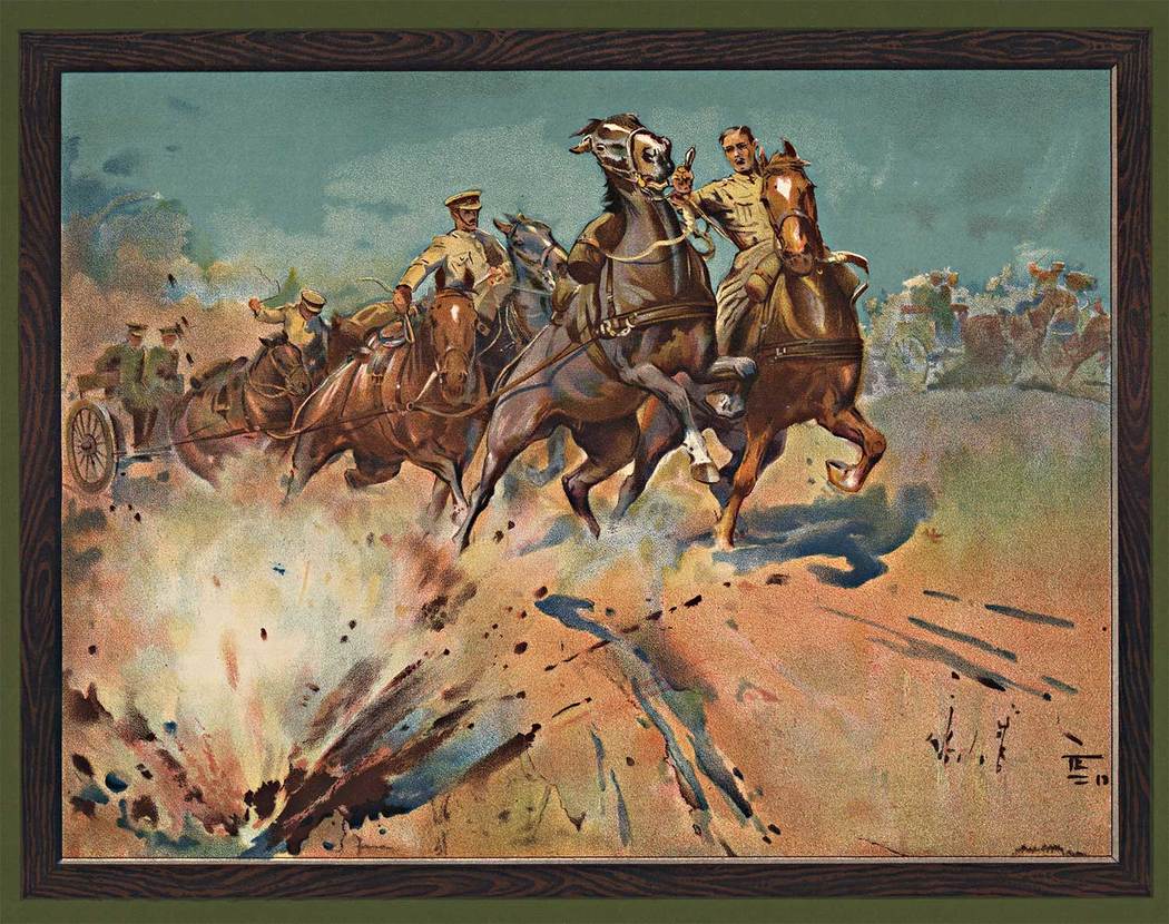 British World War 1 original poster, horses explosions, soldiers, linien backed, original poster, fine condition.