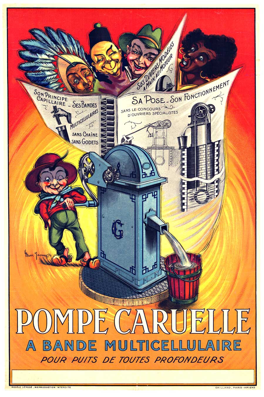 Original linen backed fun vintage poster "POMPE CARUELLE" stone lithograph from 1924. A bande multicellulaaire pour puits de toutes profondeurs. Printed by Gaillard, Paris, France.