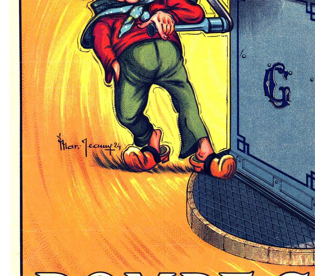 Original linen backed fun vintage poster "POMPE CARUELLE" stone lithograph from 1924. A bande multicellulaaire pour puits de toutes profondeurs. Printed by Gaillard, Paris, France.