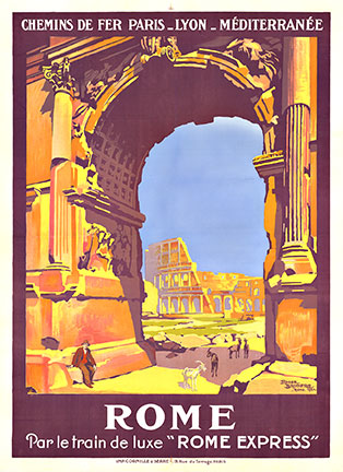 Original stone lithograph Rome Chemins de Fer Paris, Lyon, Mediterranee. Travel on the Rome Express, the deluxe train. Printer: Cornille & Serre, Paris. <br>Looking through the arches of an old Italian ruin, theArch of Septimius Serverus, you see the