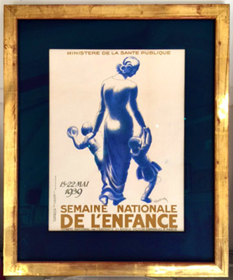 Semaine Nationale de L'Enfance. Artist: Leonetto Cappiello. Art size: 11.75" x 15.25". Year: 1939. Antique French stone lithograph vintage poster. Framed with real gol guilded molding. Hand-wrapped mat, and museum glass!
