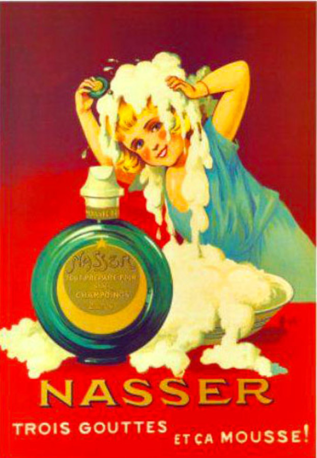 Original turn of the century 'cartone' poster for Nasser shampoo. Protected in a 16 x 20 acid free presentation folder. The Nasser cartone features a little girl washing her hair with the lather rich shampoo. It reads "Trois gouttes et ca mousse!", or '