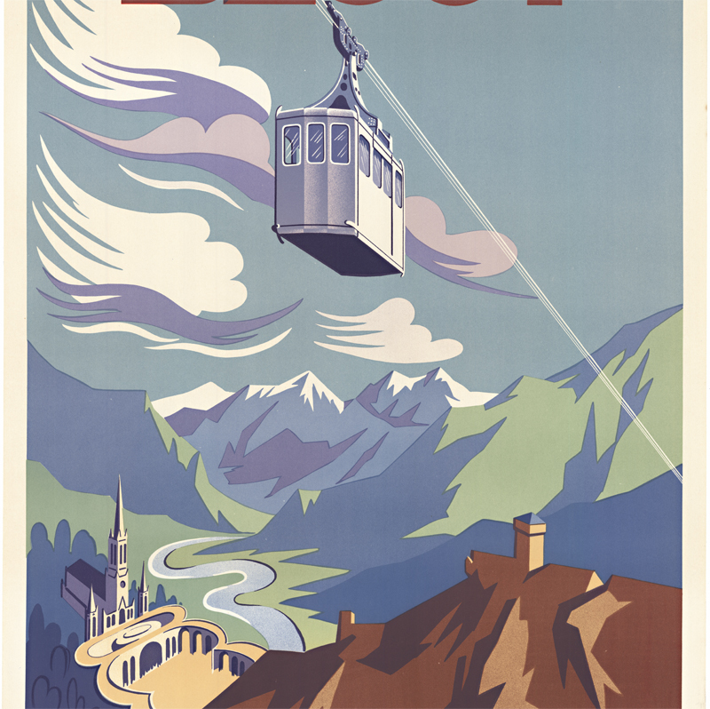 city and church in Lordes in valley, mountains, French Alps, sky tram way linen backed, original poster, fine condition.
