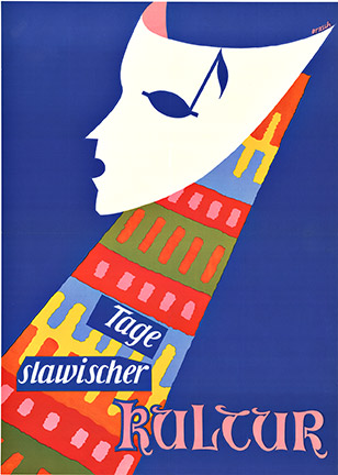Original poster: Linen backed original poster "Tage Slawischer Kultur" done by the artist Rasch. The days of Slavic Culture. This would cover the countries knowns as Slavic language speaking people: Russia, the Ukraine, Belarus, Poland, Czech Repu
