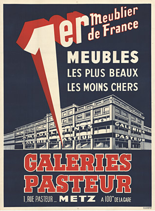 French poster, linen backed, of a large store front. Inside are furniture stores, art stores, etc. Fine condition