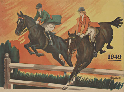 man and woman riding horse backing, jumping over fences, original poster lithograph, linen backied, fine condition