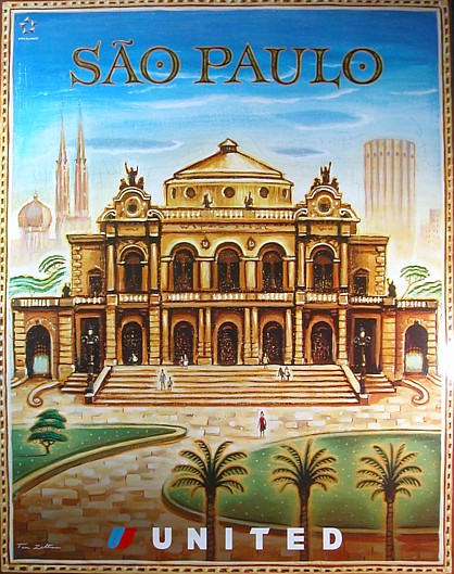 Original Sao Paulo, Brasil; United Air Lines travel poster. (San Paulo, Brasil.) The original poster; not linen backed, features the image of Teatro Municipal de San Paulo with the Cathedral in the background.