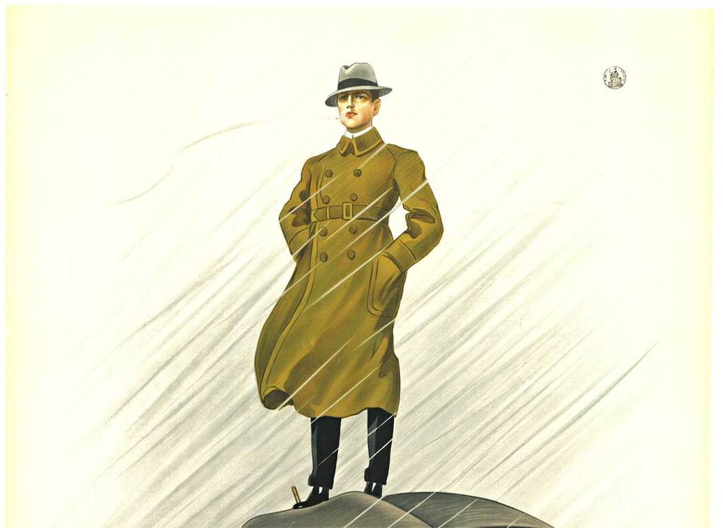 man in a rain coat standing on an umbrells, smoking a cigarette, umbrella, Italian writing, original poster, rain