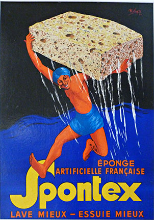 Spontex, Robert Wolff Robys, Eponge Artificielle fracaise, Lave mieux - essuie mieux, French Sponge, 1924, Stone Lithograph, Genie carrying giant sponge in water, Very rare original cartone, Robys