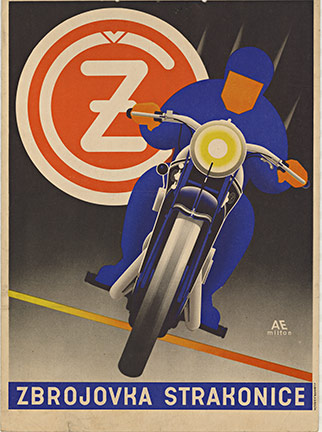 Zbrojovka Strakonice, Man on Motorcycle, Silhouette, Anton Erhardt, Lithograph, Original Vintage Poster, 1930
