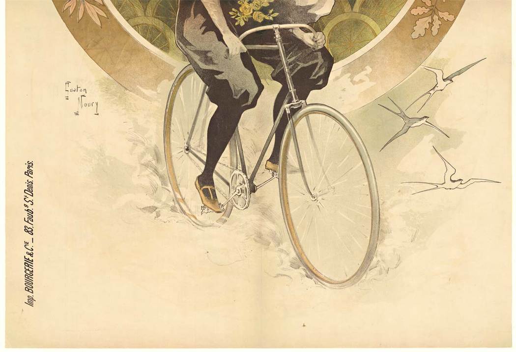 lady on a bicycle, art nouveau, linen backed, 1890s original French poster, cherbu speaking to her ear.