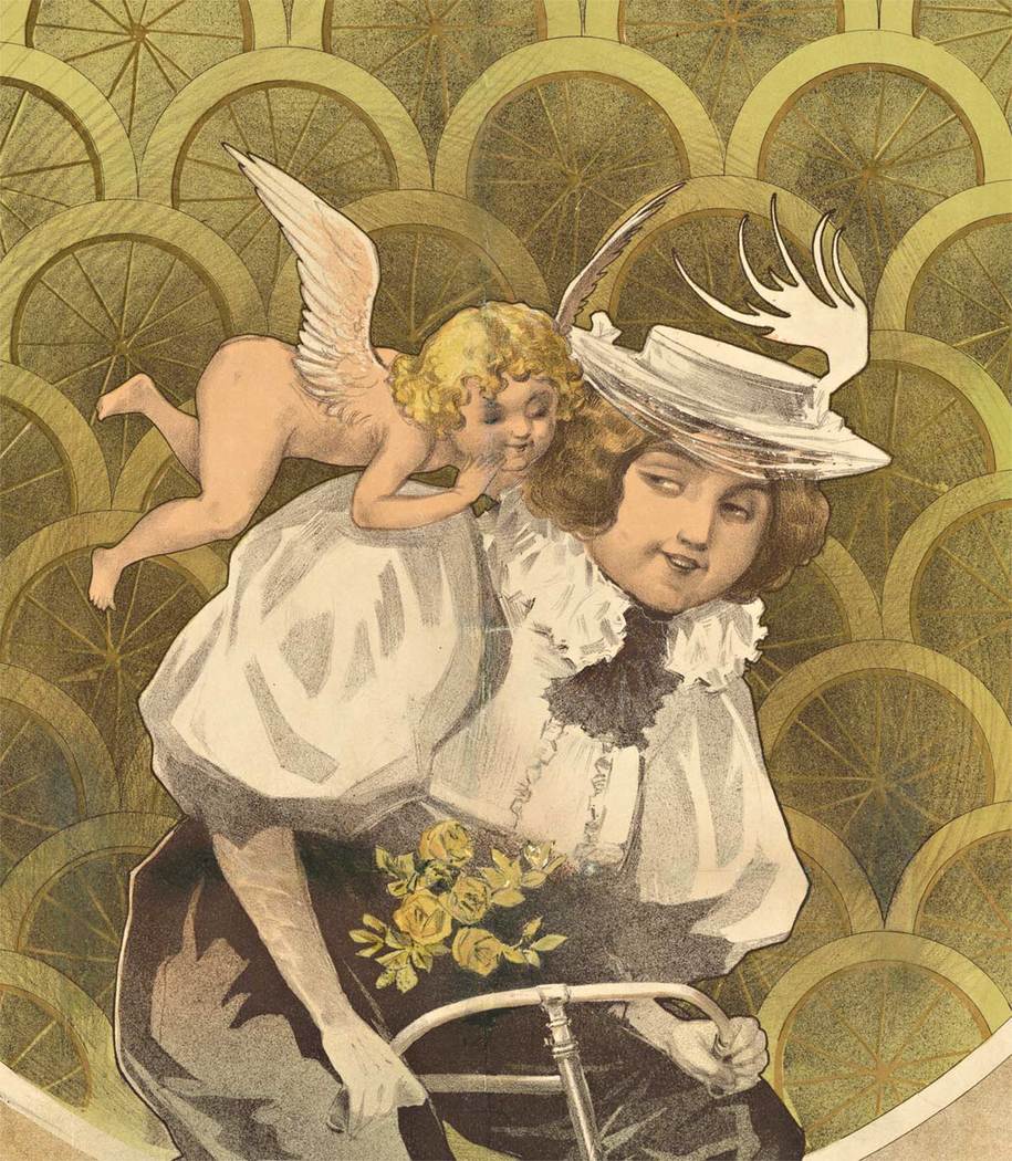 lady on a bicycle, art nouveau, linen backed, 1890s original French poster, cherbu speaking to her ear.