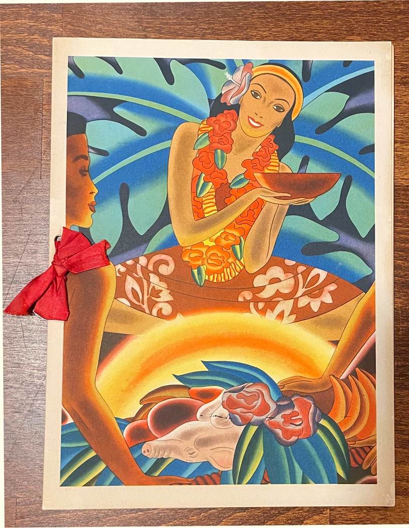 A beautiful Hawiian woman on the cover of a Airline menu printed in French