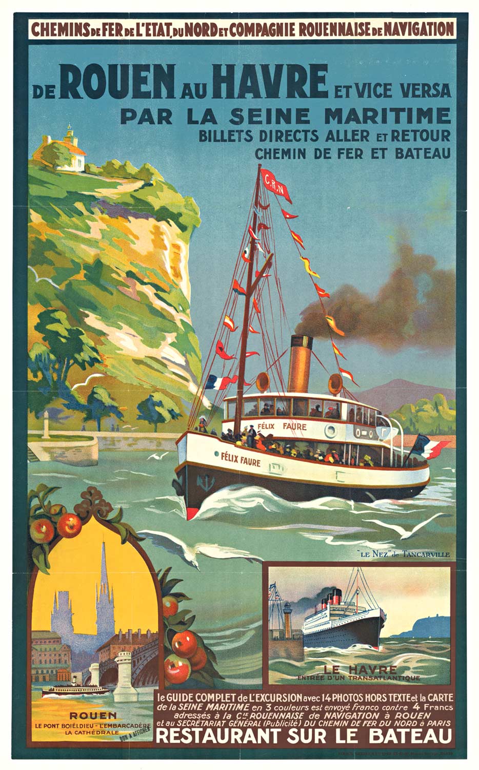 ferry, ship, habor scenes, ocean, water, linen backed, travel by boat, original French poster, linen backed, very good condition.