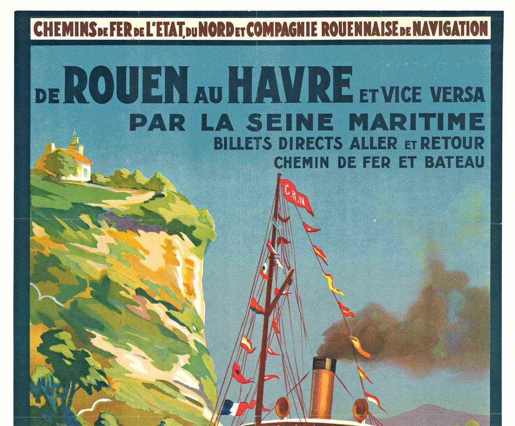 ferry, ship, habor scenes, ocean, water, linen backed, travel by boat, original French poster, linen backed, very good condition.