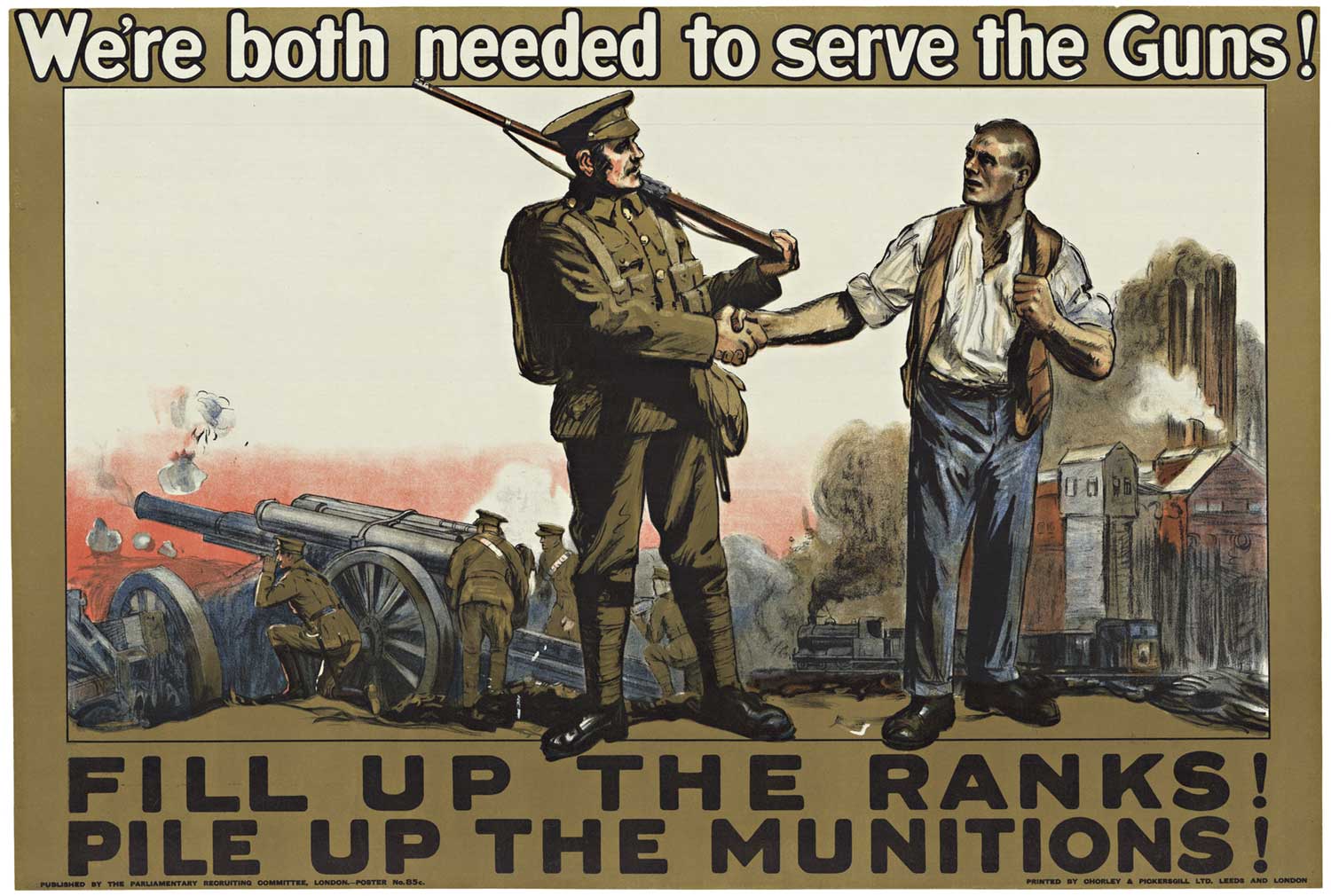 Original poster: FILL UP THE RANKS PILE UP THE MUNITIONS! <br>Artist: F. Gardner. Year: 1915. Horizontal original British WW1 poster. Very good condition.
