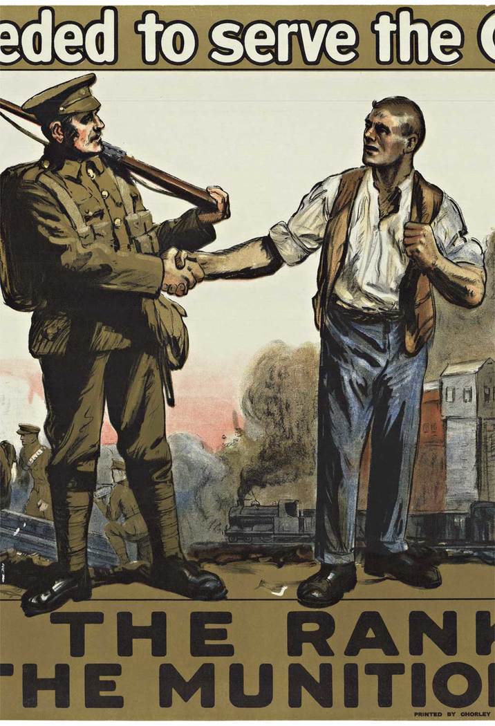 Original poster: FILL UP THE RANKS PILE UP THE MUNITIONS! <br>Artist: F. Gardner. Year: 1915. Horizontal original British WW1 poster. Very good condition.