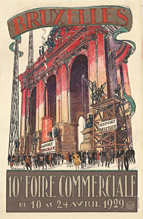 Travel poster to Brussels, Belgium, Bruxelles, International Air poster, orginal 1929 lithograph, linen backed, fine condition.