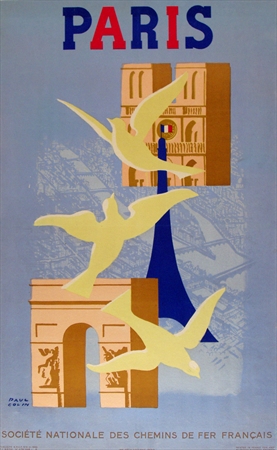 Eiffel Towr, birds, doves, Arch of Triomphe, city scape ghosted in light blue in background, linen backed, original poster.