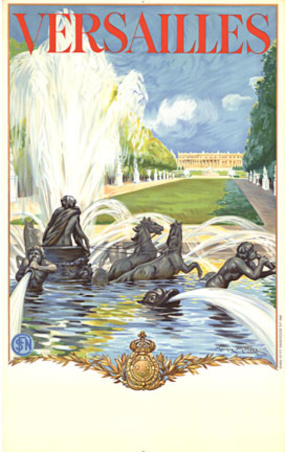 Versailles Le Château, original lithograph by Milliere Maurice, c. 1936. Size: 24.5" x 39.5". Acid free archival linen backing; this poster is in excellent condition and ready to frame. <br> <br>Original Versailles Le Château vintage travel poste